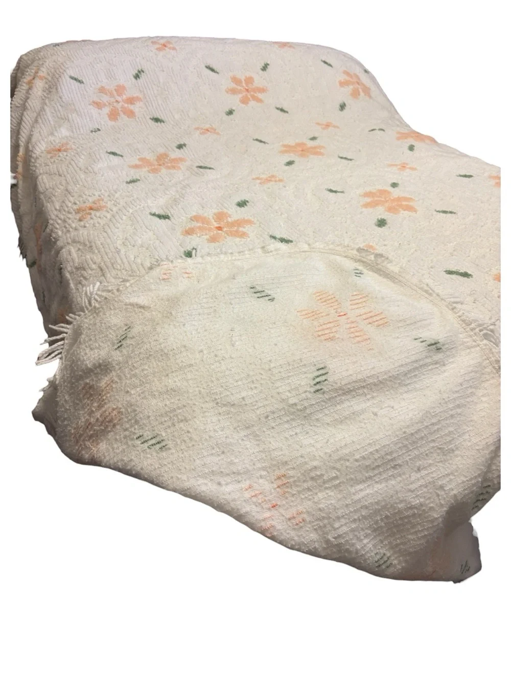 MCM White Chenille Floral Bedspread Peach Coral Green Flowers Queen Full Fringe